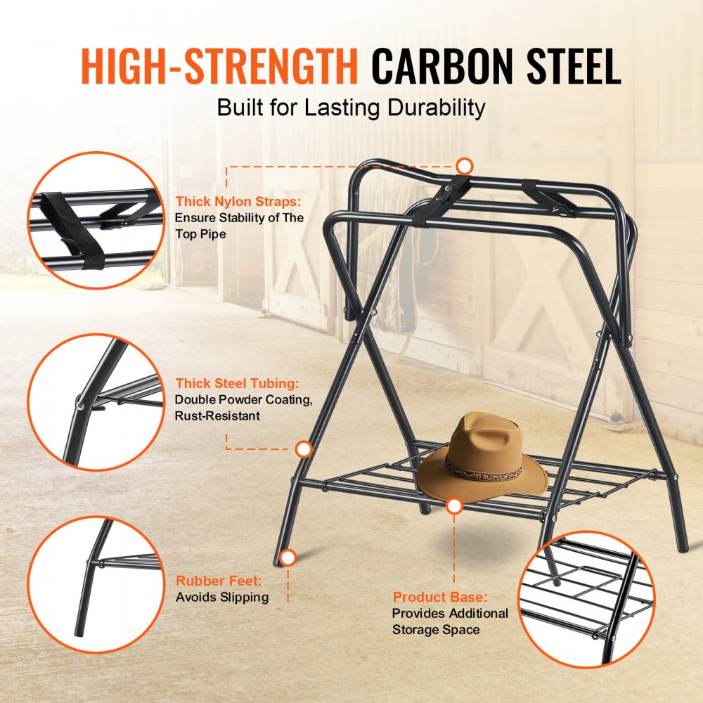 VEVOR Folding Saddle Rack, 28 x 19 x 37.5 in, Freestanding Horse Saddle Stand, Portable Horse Blanket Holder, Heavy Duty Steel Saddle Rack for English & Western Saddles, Tack Storage, Black