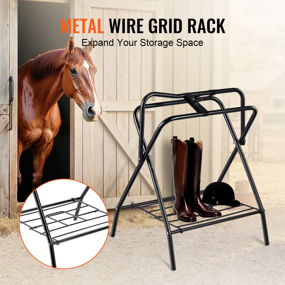 VEVOR Folding Saddle Rack, 28 x 19 x 37.5 in, Freestanding Horse Saddle Stand, Portable Horse Blanket Holder, Heavy Duty Steel Saddle Rack for English & Western Saddles, Tack Storage, Black