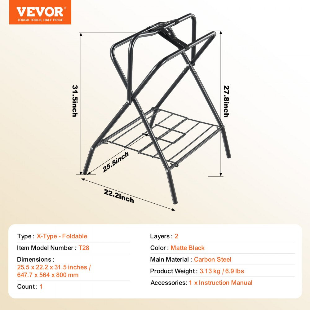 VEVOR Folding Saddle Rack, 28 x 19 x 37.5 in, Freestanding Horse Saddle Stand, Portable Horse Blanket Holder, Heavy Duty Steel Saddle Rack for English & Western Saddles, Tack Storage, Black