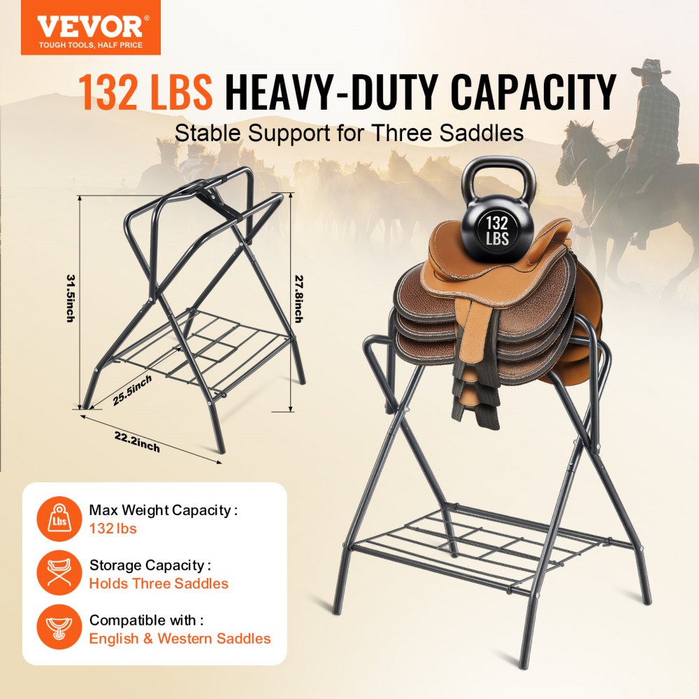 VEVOR Folding Saddle Rack, 28 x 19 x 37.5 in, 2 Packs Freestanding Horse Saddle Stand, Portable Horse Blanket Holder, Heavy Duty Steel Saddle Rack for English & Western Saddles, Tack Storage, Black