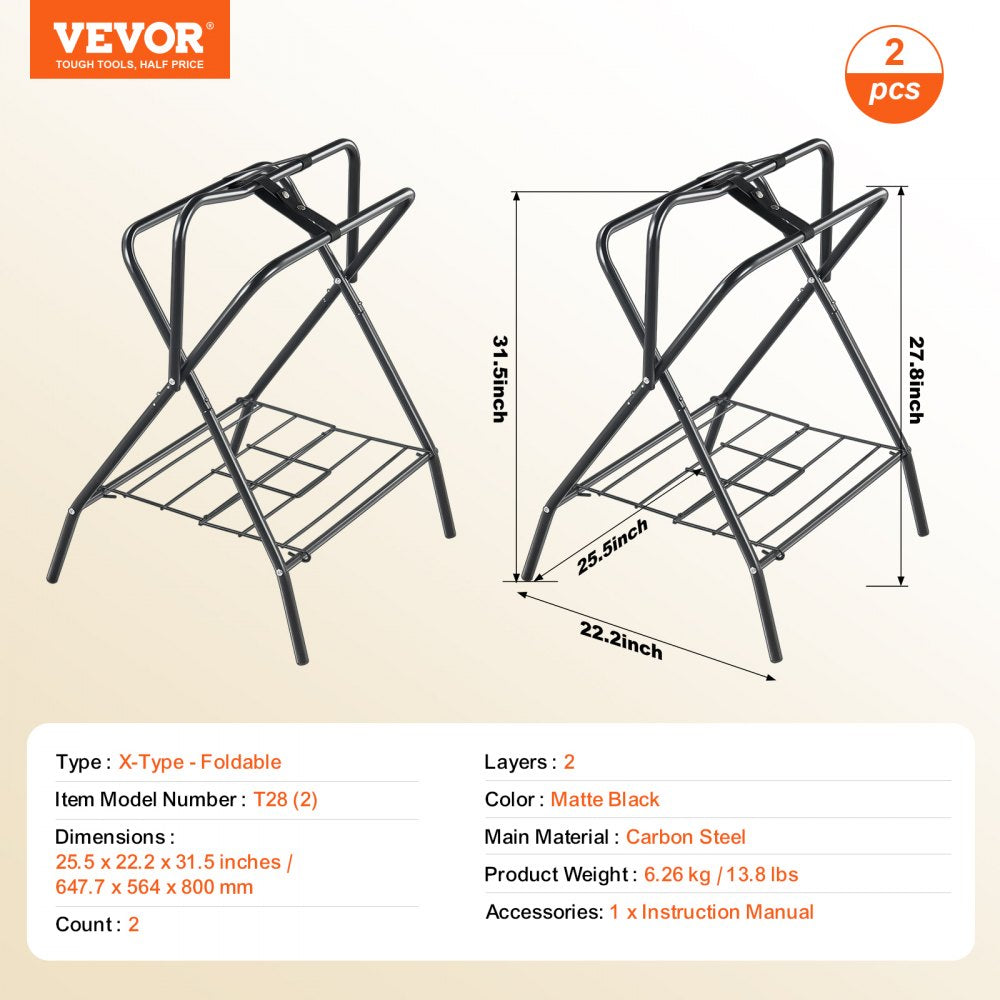 VEVOR Folding Saddle Rack, 28 x 19 x 37.5 in, 2 Packs Freestanding Horse Saddle Stand, Portable Horse Blanket Holder, Heavy Duty Steel Saddle Rack for English & Western Saddles, Tack Storage, Black