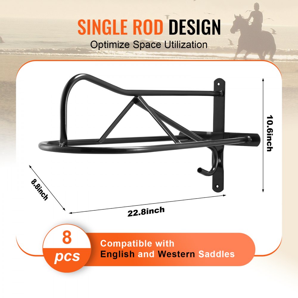 VEVOR Wall Mount Saddle Rack, 27.3 x 16.3 x 12.5 in, 8 Packs Horse Saddle Rack with Pad Bar, Portable Saddle Stand for English & Western Saddle, Horse Tack Storage for Equestrian Garden, Black
