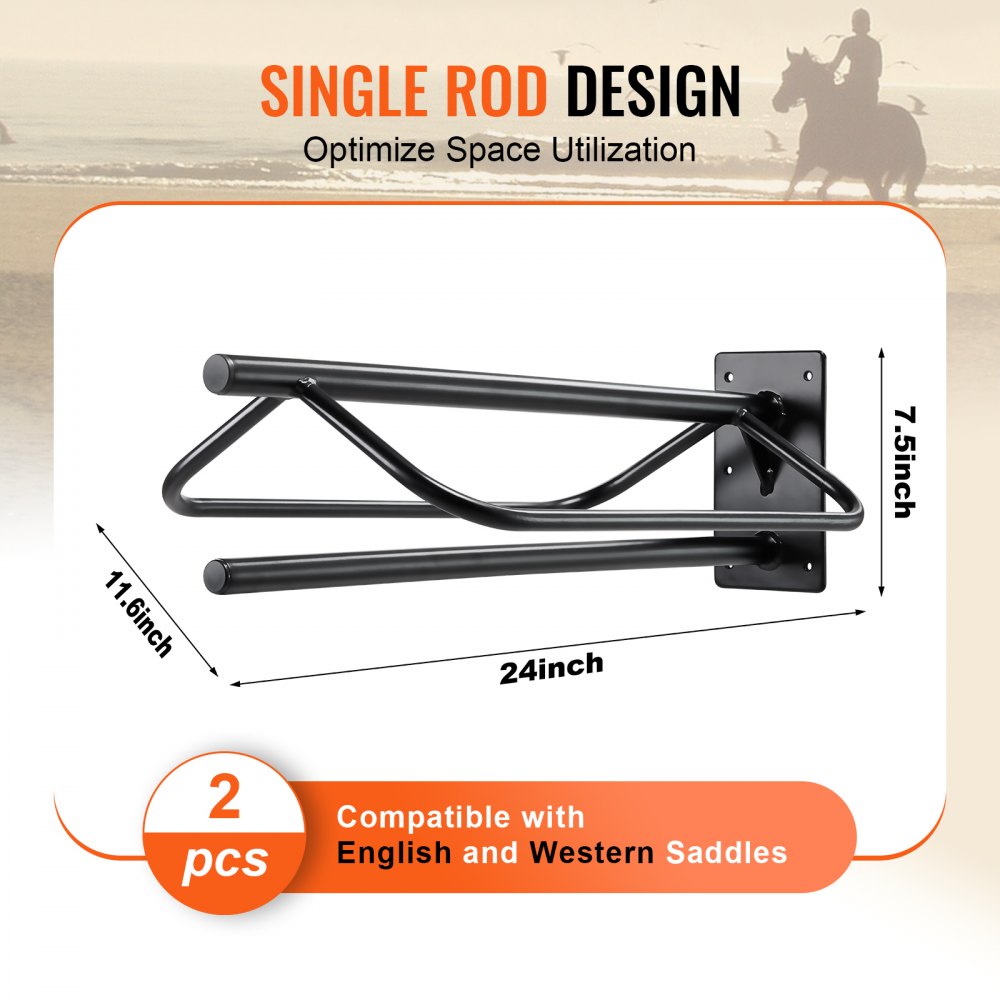 VEVOR Saddle Rack with Pad Bar, 23.8 x 12.6 x 10.2 in, 2 Packs Wall Mounted Saddle Stand, Heavy-Duty Steel Saddle Holder, Western & English Saddle Rack for Horse Stall, Barn, Trailer, Tack Room