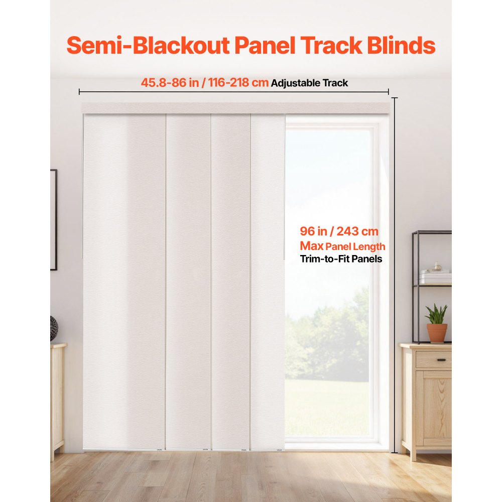 VEVOR Panel Track Blinds, Extendable Track from 45.8 in to 86 in W, Trimmable Panel Curtains Up to 96 in H, Adjustable Vertical Panel Blinds for Sliding Doors, Patio Doors, Room Divider, Light Brown
