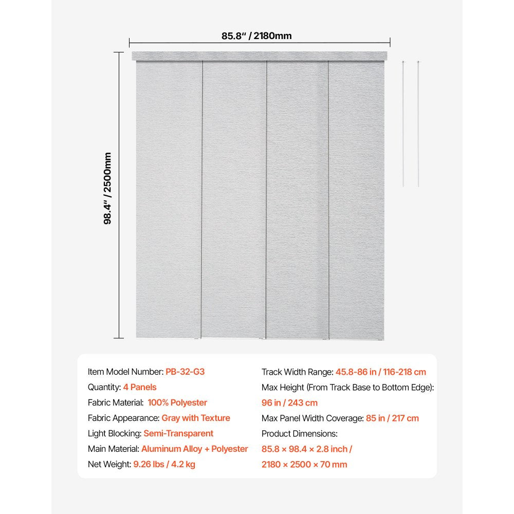 VEVOR Panel Track Blinds, Extendable Track from 45.8 in to 86 in W, Trimmable Panel Curtains Up to 96 in H, Adjustable Vertical Panel Blinds for Sliding Doors, Patio Doors, Room Divider, Window, Gray