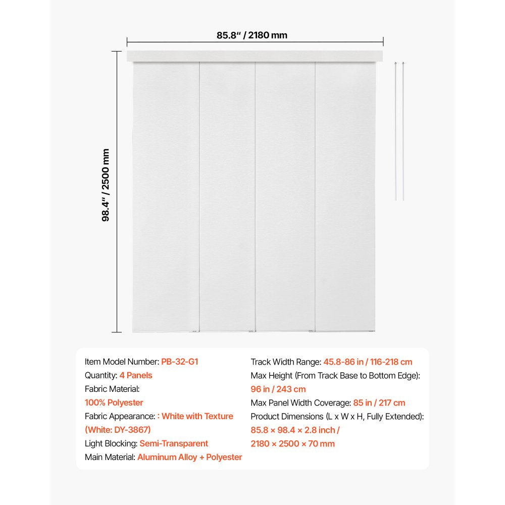 VEVOR Panel Track Blinds, Extendable Track from 45.8 in to 86 in W, Trimmable Panel Curtains Up to 96 in H, Adjustable Vertical Panel Blinds for Sliding Doors, Patio Doors, Room Divider, Window, White