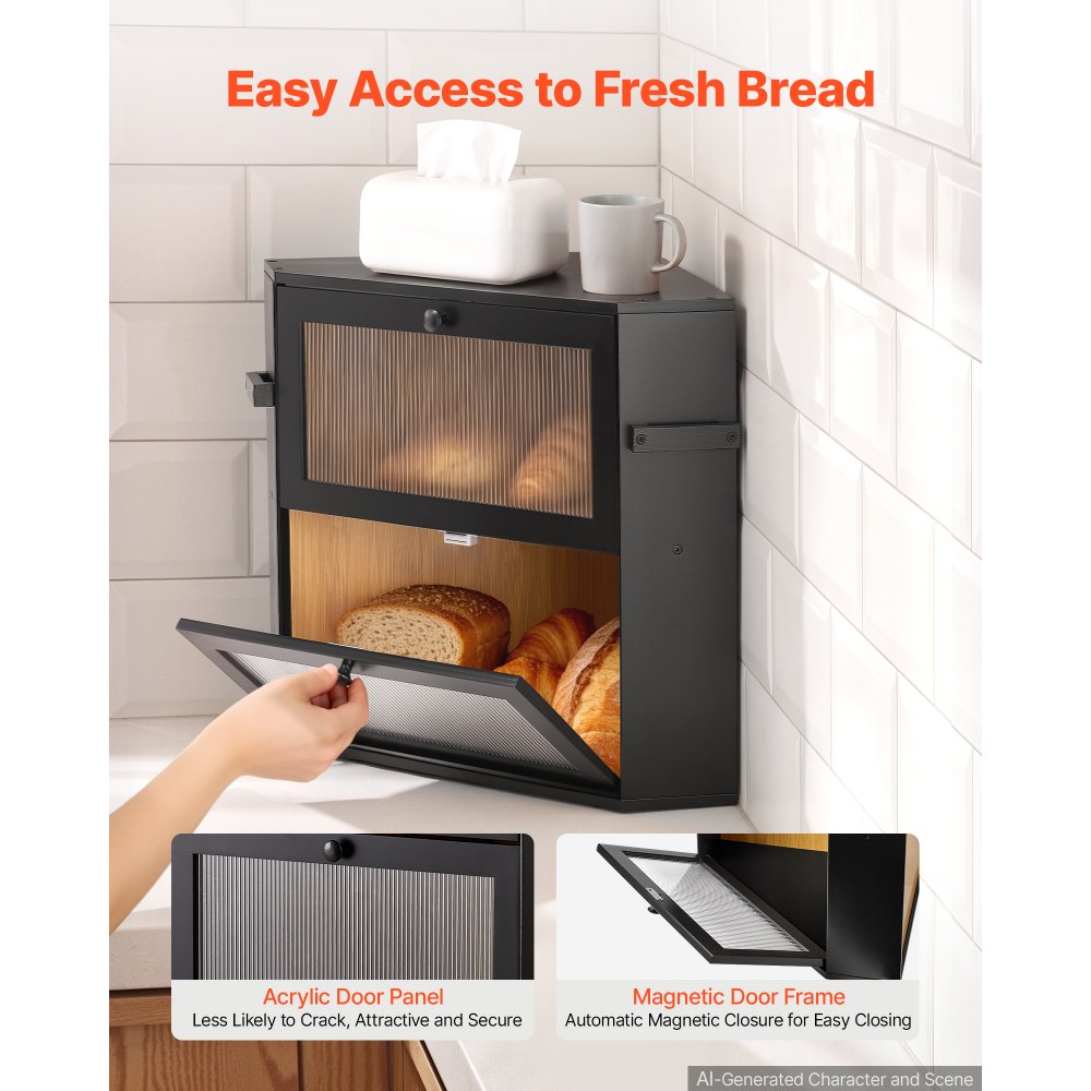 VEVOR Corner Bread Box for Kitchen Counter Bamboo Wood Container Black, for Homemade Bread, Under Cabinet, and Pantry, Double Layer Farmhouse Breadbox Bin, with Acrylic Door Panel and Air Vents