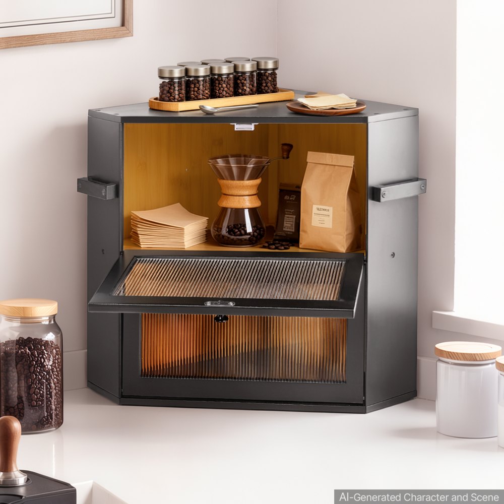 VEVOR Corner Bread Box for Kitchen Counter Bamboo Wood Container Black, for Homemade Bread, Under Cabinet, and Pantry, Double Layer Farmhouse Breadbox Bin, with Acrylic Door Panel and Air Vents