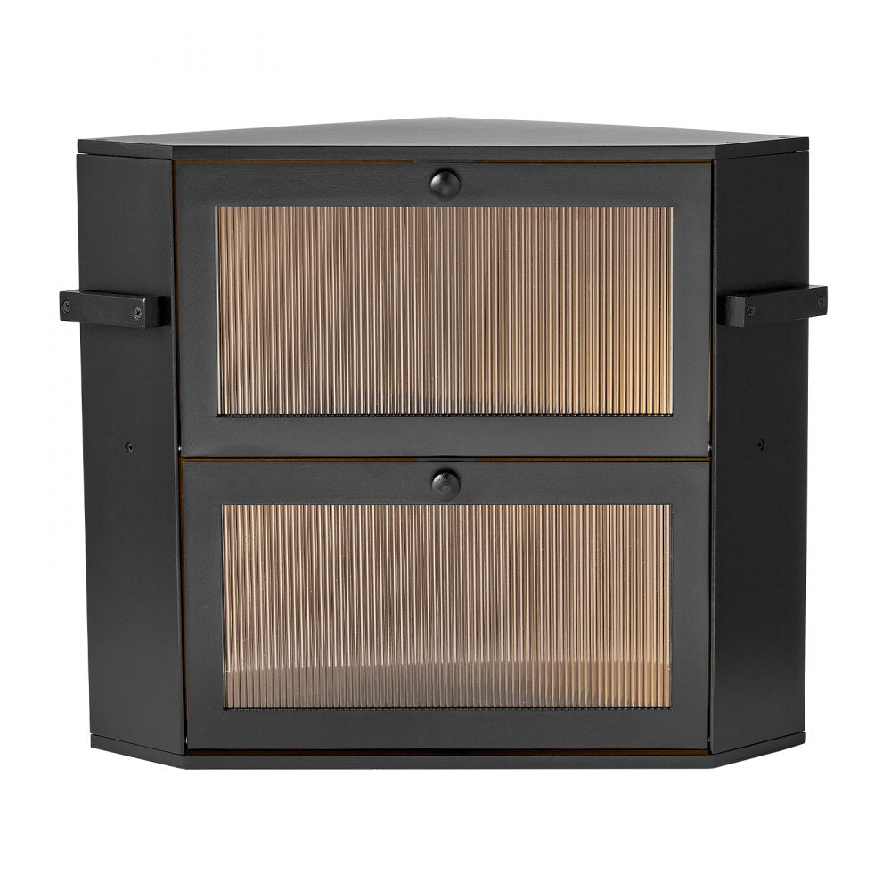 VEVOR Corner Bread Box for Kitchen Counter Bamboo Wood Container Black, for Homemade Bread, Under Cabinet, and Pantry, Double Layer Farmhouse Breadbox Bin, with Acrylic Door Panel and Air Vents