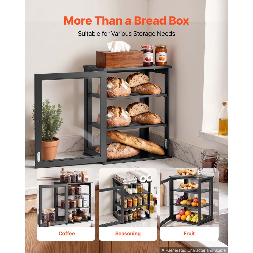 VEVOR Bread Box for Kitchen Counter Bamboo Wood Storage Container Black, for Homemade Bread, Under Cabinet, and Pantry, Triple Layer Farmhouse Breadbox Bin, with Acrylic Door Panel and Air Vents