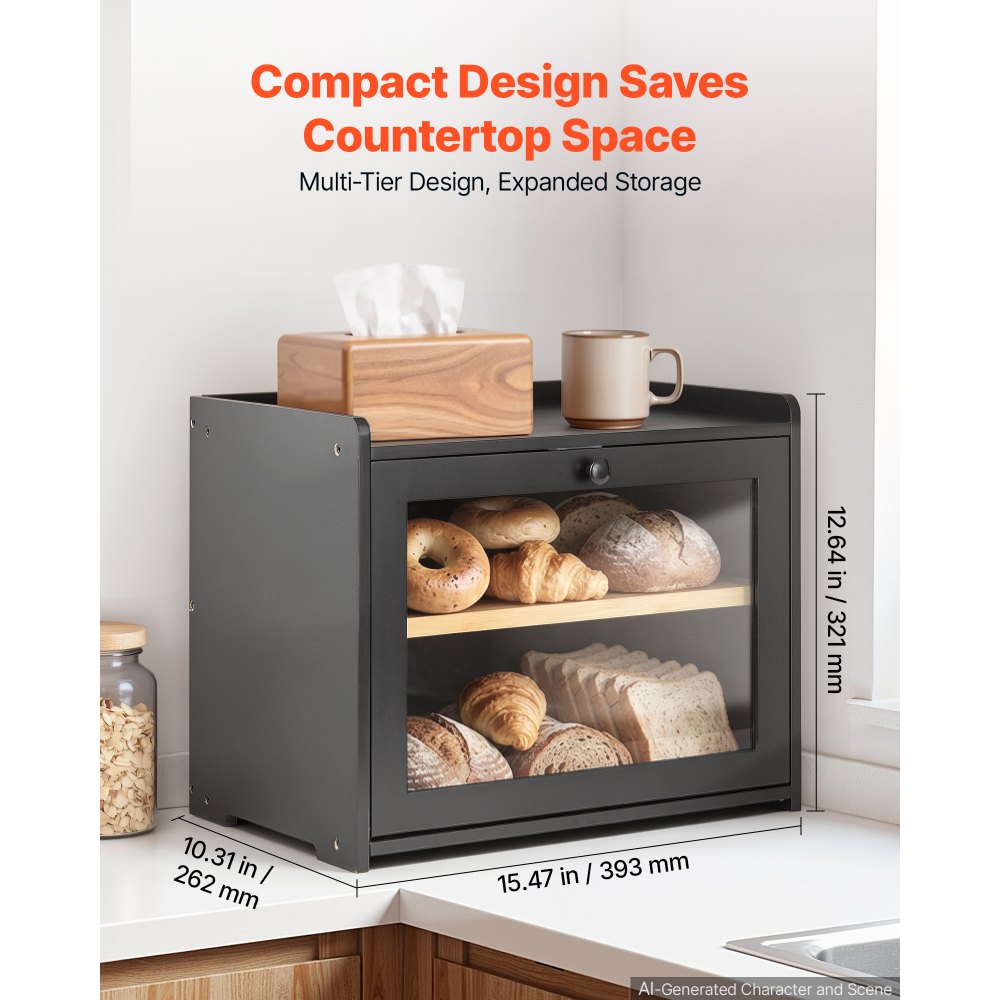 VEVOR Bread Box for Kitchen Counter Bamboo Wood Storage Container Black, for Homemade Bread, Under Cabinet, and Pantry, Double Layer Farmhouse Breadbox Bin, with Acrylic Door Panel and Air Vents