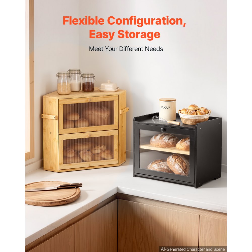 VEVOR Bread Box for Kitchen Counter Bamboo Wood Storage Container Black, for Homemade Bread, Under Cabinet, and Pantry, Double Layer Farmhouse Breadbox Bin, with Acrylic Door Panel and Air Vents