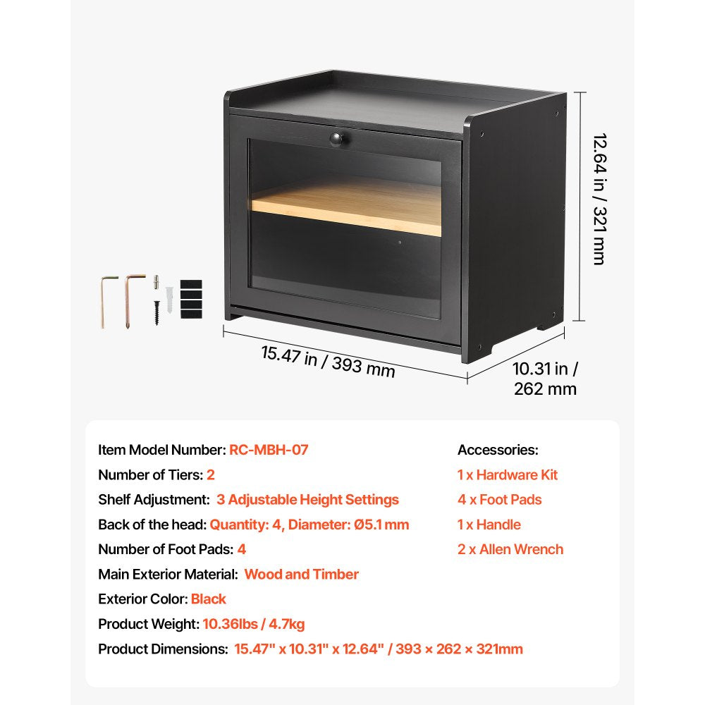 VEVOR Bread Box for Kitchen Counter Bamboo Wood Storage Container Black, for Homemade Bread, Under Cabinet, and Pantry, Double Layer Farmhouse Breadbox Bin, with Acrylic Door Panel and Air Vents