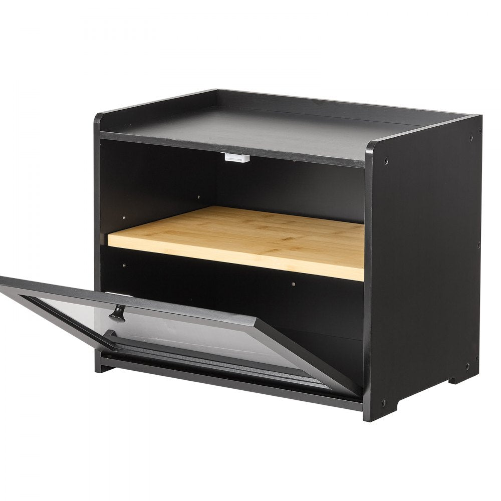 VEVOR Bread Box for Kitchen Counter Bamboo Wood Storage Container Black, for Homemade Bread, Under Cabinet, and Pantry, Double Layer Farmhouse Breadbox Bin, with Acrylic Door Panel and Air Vents