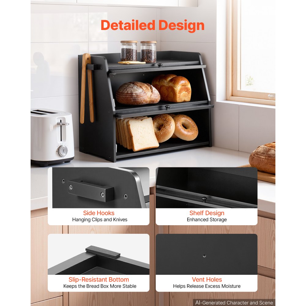 VEVOR Bread Box for Kitchen Counter Bamboo Wood Storage Container Black, for Homemade Bread, Under Cabinet, and Pantry, Double Layer Farmhouse Breadbox Bin, with Acrylic Door Panel and Air Vents