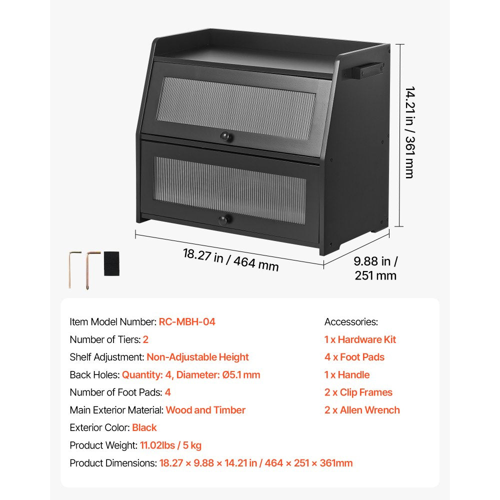 VEVOR Bread Box for Kitchen Counter Bamboo Wood Storage Container Black, for Homemade Bread, Under Cabinet, and Pantry, Double Layer Farmhouse Breadbox Bin, with Acrylic Door Panel and Air Vents