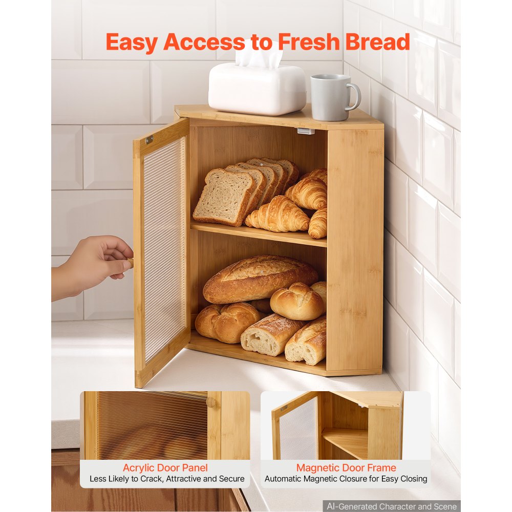 VEVOR Corner Bread Box for Kitchen Counter Bamboo Wood Container Natural, for Homemade Bread, Under Cabinet, and Pantry, Double Layer Farmhouse Breadbox Bin, with Acrylic Door Panel and Air Vents