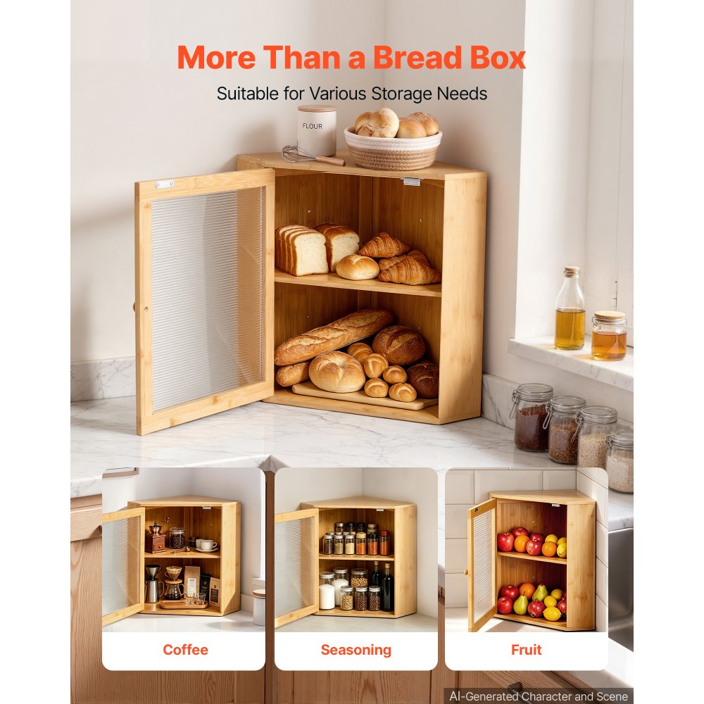 VEVOR Corner Bread Box for Kitchen Counter Bamboo Wood Container Natural, for Homemade Bread, Under Cabinet, and Pantry, Double Layer Farmhouse Breadbox Bin, with Acrylic Door Panel and Air Vents