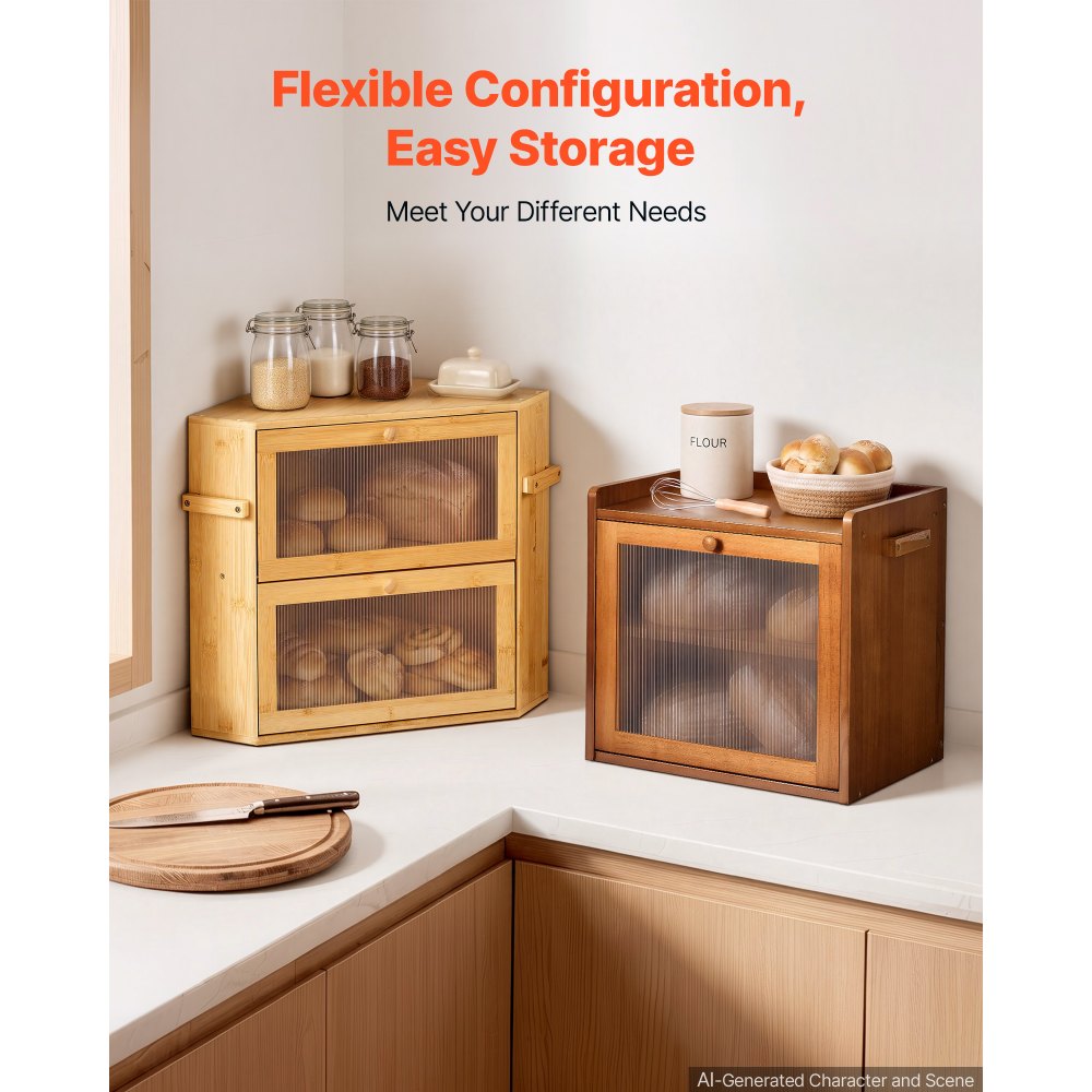 VEVOR Corner Bread Box for Kitchen Counter Bamboo Wood Container Natural, for Homemade Bread, Under Cabinet, and Pantry, Double Layer Farmhouse Breadbox Bin, with Acrylic Door Panel and Air Vents