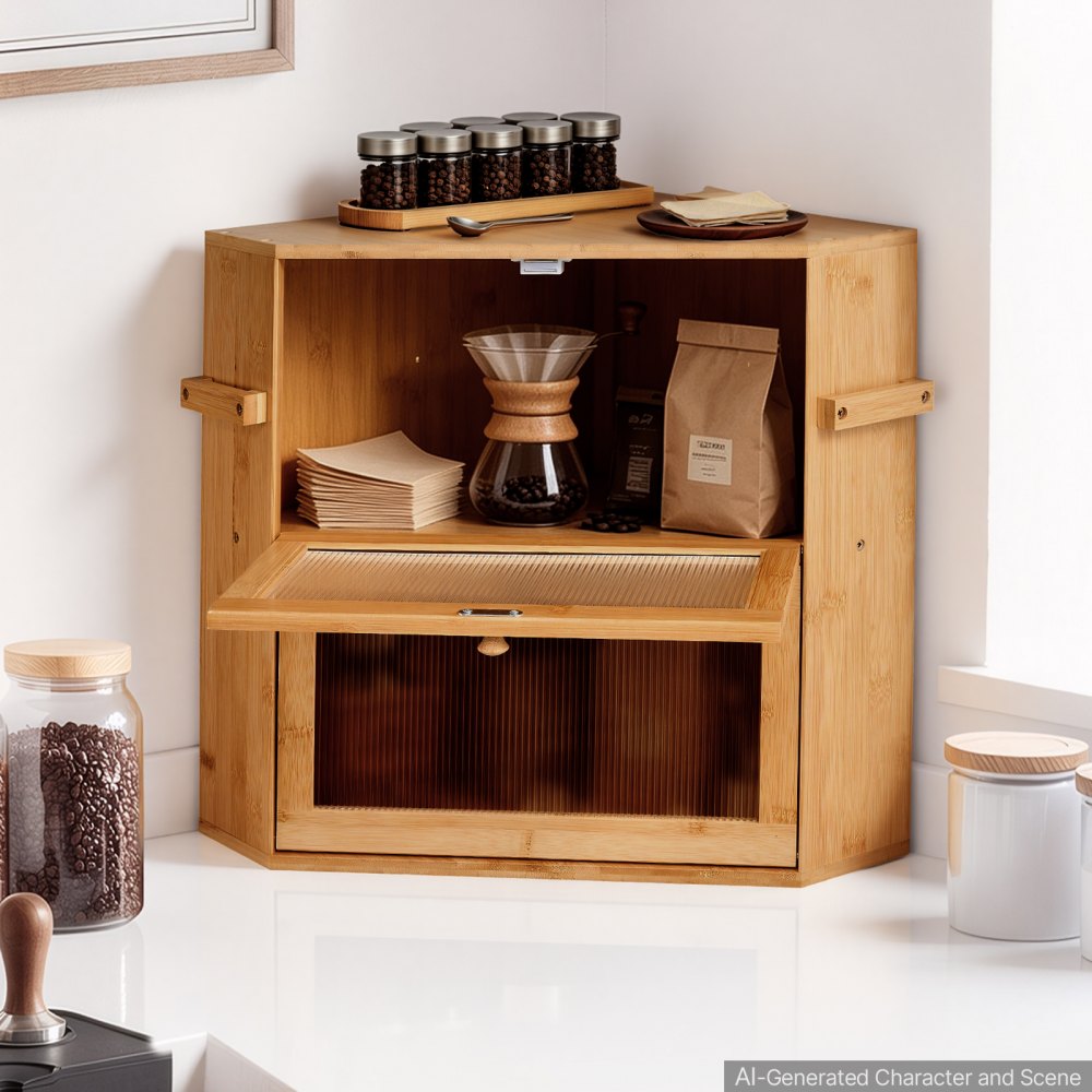 VEVOR Corner Bread Box for Kitchen Counter Bamboo Wood Container Natural, for Homemade Bread, Under Cabinet, and Pantry, Double Layer Farmhouse Breadbox Bin, with Acrylic Door Panel and Air Vents