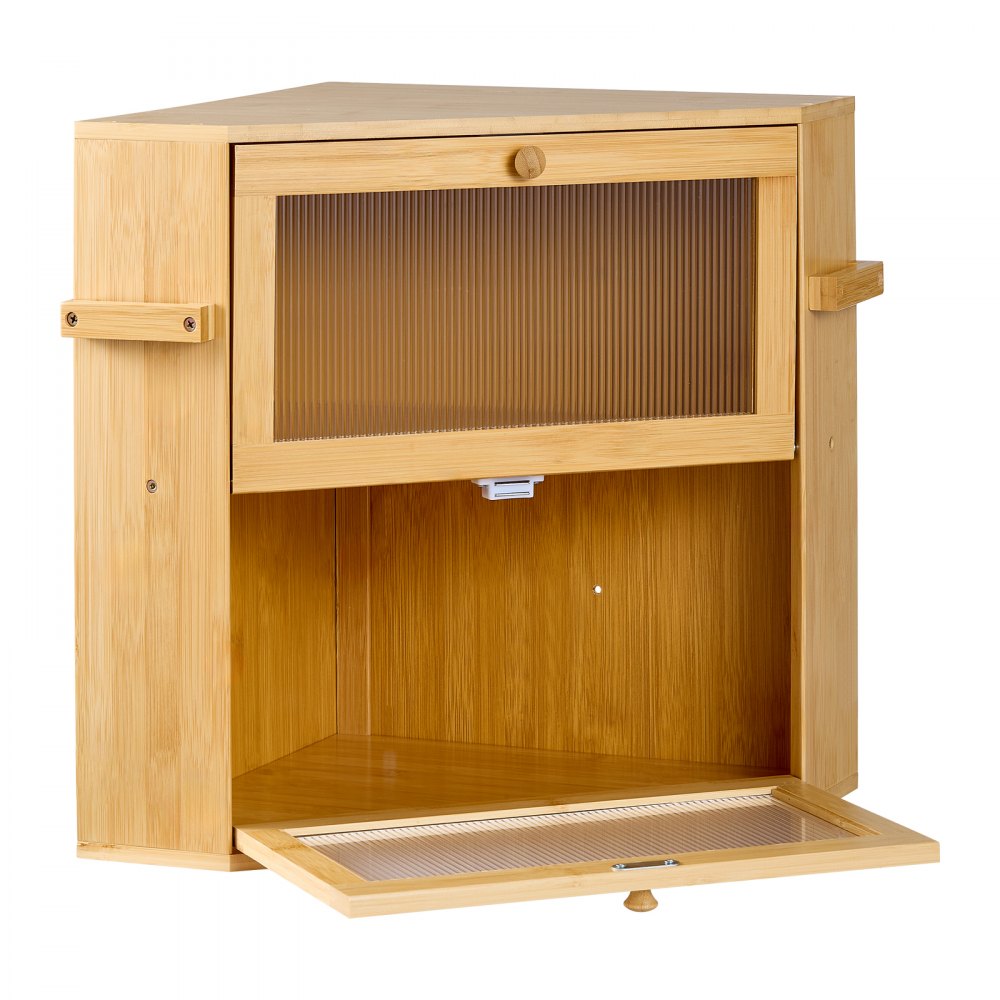 VEVOR Corner Bread Box for Kitchen Counter Bamboo Wood Container Natural, for Homemade Bread, Under Cabinet, and Pantry, Double Layer Farmhouse Breadbox Bin, with Acrylic Door Panel and Air Vents