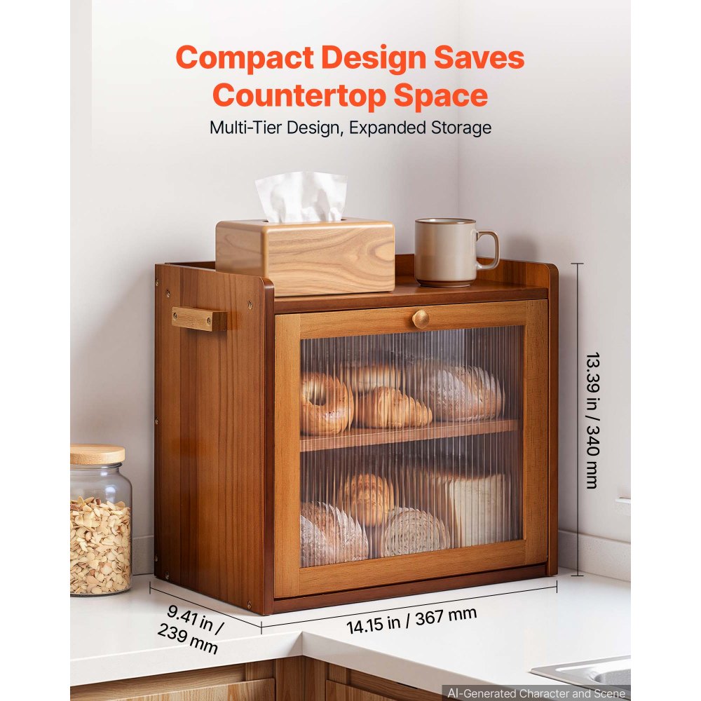 VEVOR Bread Box for Kitchen Counter Wood Storage Compact Container Brown, for Homemade Bread, Under Cabinet, and Pantry, Double Layer Farmhouse Breadbox Bin, with Acrylic Door Panel and Air Vents