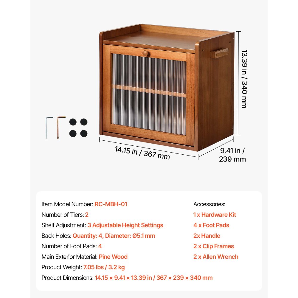 VEVOR Bread Box for Kitchen Counter Wood Storage Compact Container Brown, for Homemade Bread, Under Cabinet, and Pantry, Double Layer Farmhouse Breadbox Bin, with Acrylic Door Panel and Air Vents