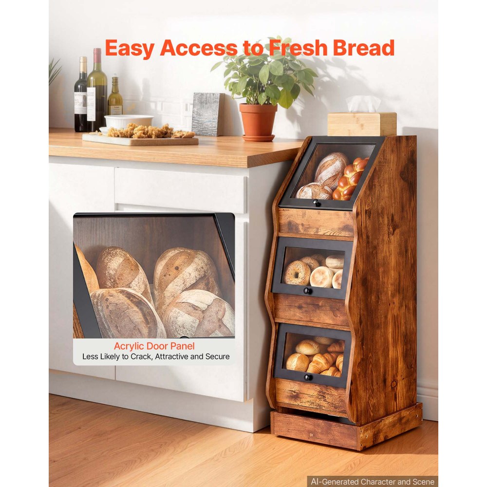 VEVOR Bread Box for Kitchen Bamboo Wood Storage Container Brown, for Homemade Bread, and Pantry, Triple Layer Farmhouse Breadbox Bin, with Acrylic Door Panel and Air Vents