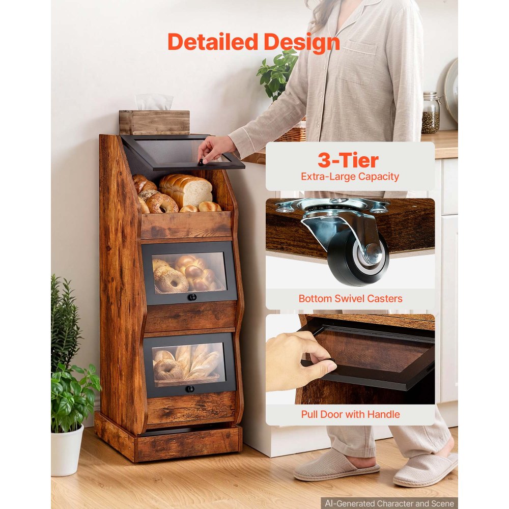 VEVOR Bread Box for Kitchen Bamboo Wood Storage Container Brown, for Homemade Bread, and Pantry, Triple Layer Farmhouse Breadbox Bin, with Acrylic Door Panel and Air Vents