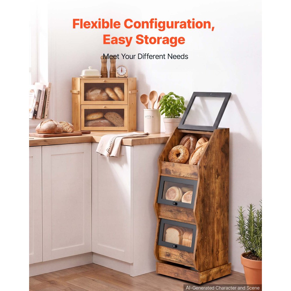 VEVOR Bread Box for Kitchen Bamboo Wood Storage Container Brown, for Homemade Bread, and Pantry, Triple Layer Farmhouse Breadbox Bin, with Acrylic Door Panel and Air Vents