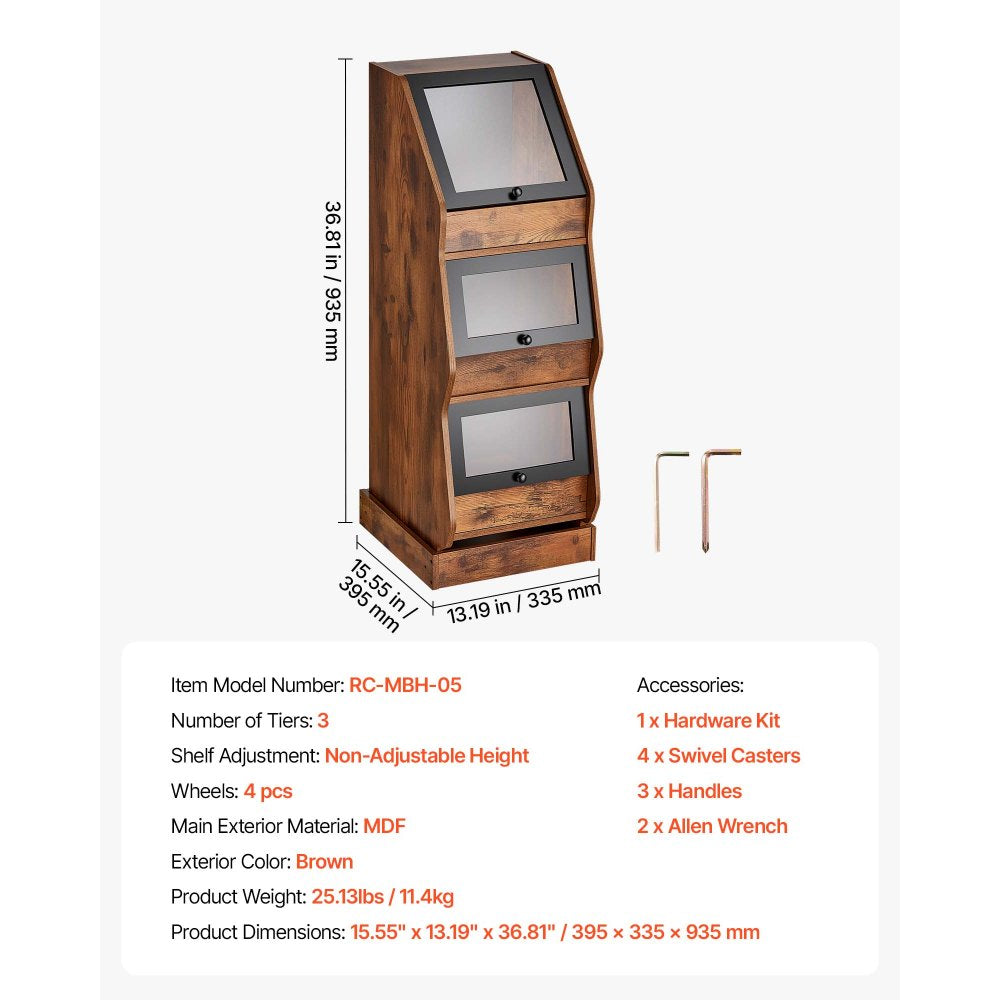 VEVOR Bread Box for Kitchen Bamboo Wood Storage Container Brown, for Homemade Bread, and Pantry, Triple Layer Farmhouse Breadbox Bin, with Acrylic Door Panel and Air Vents