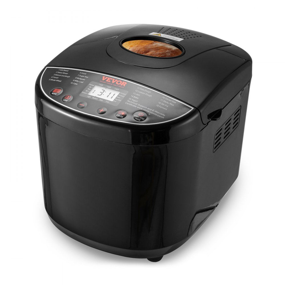 VEVOR Bread Maker, 19-in-1 2LB Dough Machine, Nonstick Ceramic Pan Automatic Breadmaker with Gluten Free Setting, Whole Wheat Bread Making, Digital, Programmable, 3 Loaf Sizes, 3 Crust Colors