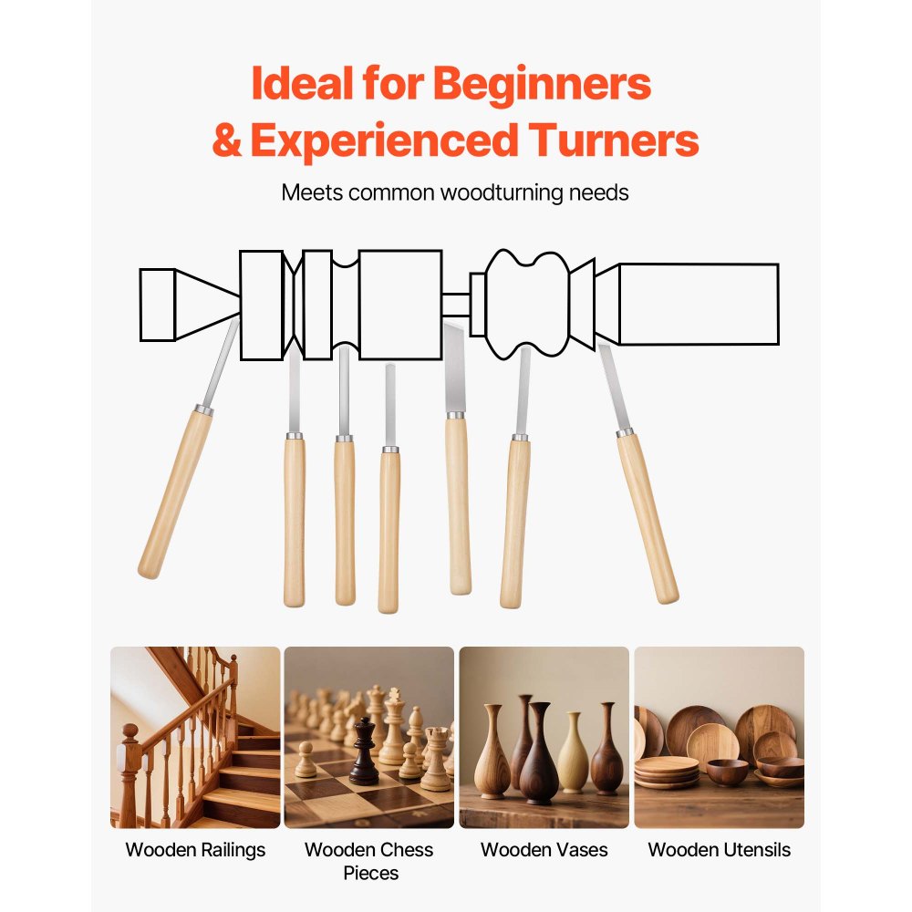 VEVOR Wood Lathe Turning Tool Set, 8PCS, Lathe Chisel Set with Carbon Steel Blade, 2 Skew, 1 Spear Point, 1 Parting, 1 Round Nose, 3 Gouge Tools, 1 Oxford Bag, for Beginners, Hobbyists, Professionals
