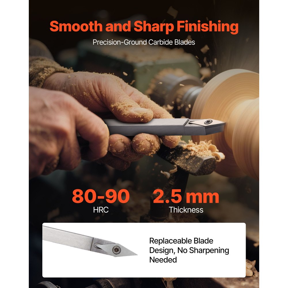 VEVOR Wood Lathe Turning Tool Set, 6PCS, Lathe Roughing, Finishing, Detailing Hollow Tool with Wooden Handle, Diamond Round Square Carbide Inserts, Wooden Box, for Beginners, Hobbyists, Professionals