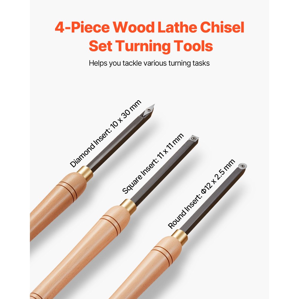 VEVOR Wood Lathe Turning Tool Set, 4PCS, Lathe Roughing Finishing and Detailing Hollow Tool with Wooden Handle, Diamond Round Square Carbide Inserts, Wooden Box, for Beginners Hobbyists Professionals