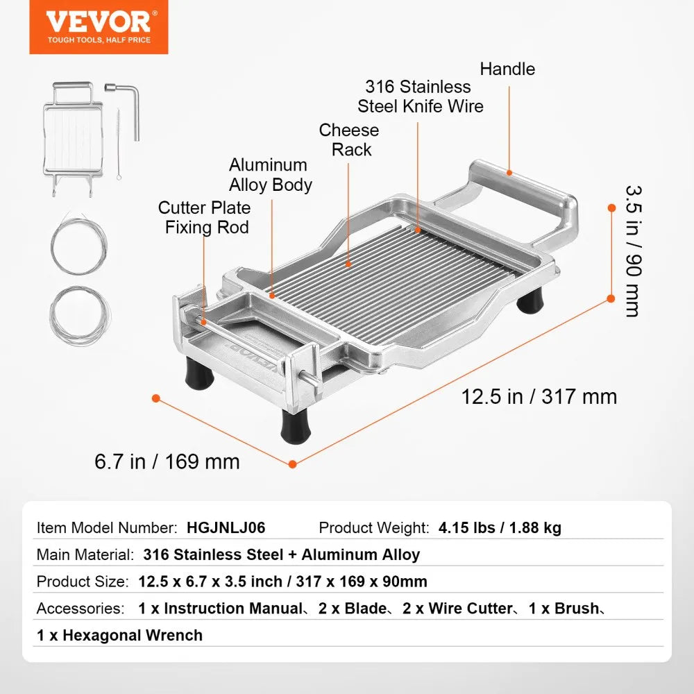 VEVOR Cheese Cutter with Wire, 0.39" & 0.78" Cheeser Butter Cutting Blade, Detachable Cheese Slicer Wire, Aluminum Alloy Commercial Cheese Slicer with 316 Stainless Steel Knife Wire, Kitchen Cooking