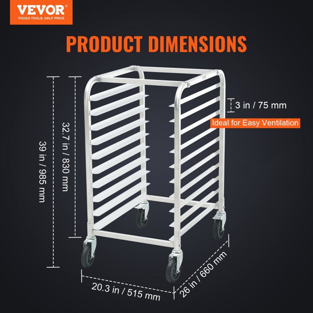 VEVOR Bun Pan Rack, 10-Tier Commercial Bakery Racks with Brake Wheels, Aluminum Racking Trolley Storage for Half & Full Sheet, Speed Rack For Kitchen Home, Bread Baking Equipment, 26"L x 20.3"W x 39"H