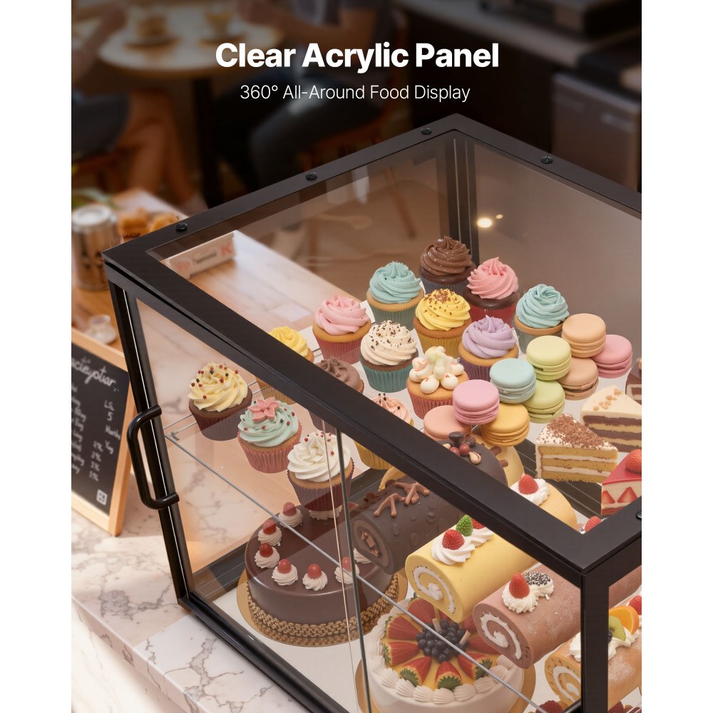 VEVOR Bakery Display Case, 2-Tier Commercial Countertop Pastry Display Case, Clear Acrylic Bread Box for Kitchen, Party Cake Cabinet with Sliding Door for Cookie Dessert Donut, 21.7" x 15.2" x 15.4"