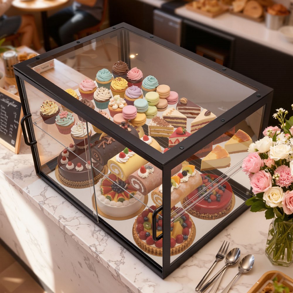 VEVOR Bakery Display Case, 2-Tier Commercial Countertop Pastry Display Case, Clear Acrylic Bread Box for Kitchen, Party Cake Cabinet with Sliding Door for Cookie Dessert Donut, 21.7" x 15.2" x 15.4"