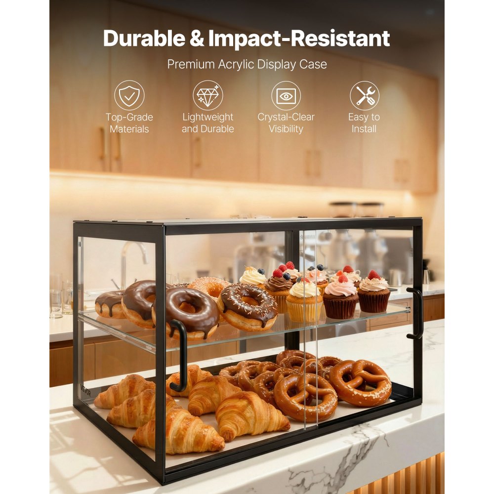 VEVOR Bakery Display Case, 2-Tier Commercial Countertop Pastry Display Case, Clear Acrylic Bread Box for Kitchen, Party Cake Cabinet with Sliding Door for Cookie Dessert Donut, 21.7" x 15.2" x 15.4"