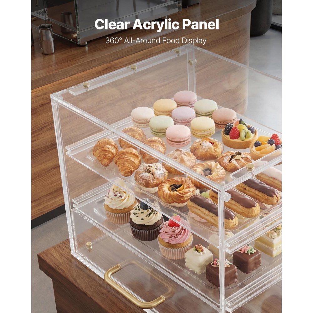 VEVOR Bakery Display Case, 3-Tier Commercial Countertop Pastry Display Case, Clear Acrylic Bread Box for Kitchen, Party Cake Cabinet with Flip-Up Door for Cookie Dessert Donut, 13" x 10.2" x 10.2"