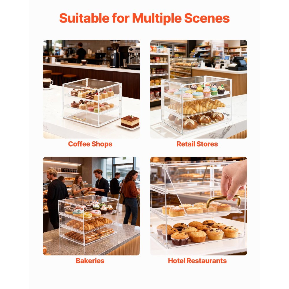 VEVOR Bakery Display Case, 3-Tier Commercial Countertop Pastry Display Case, Clear Acrylic Bread Box for Kitchen, Party Cake Cabinet with Flip-Up Door for Cookie Dessert Donut, 13" x 10.2" x 10.2"