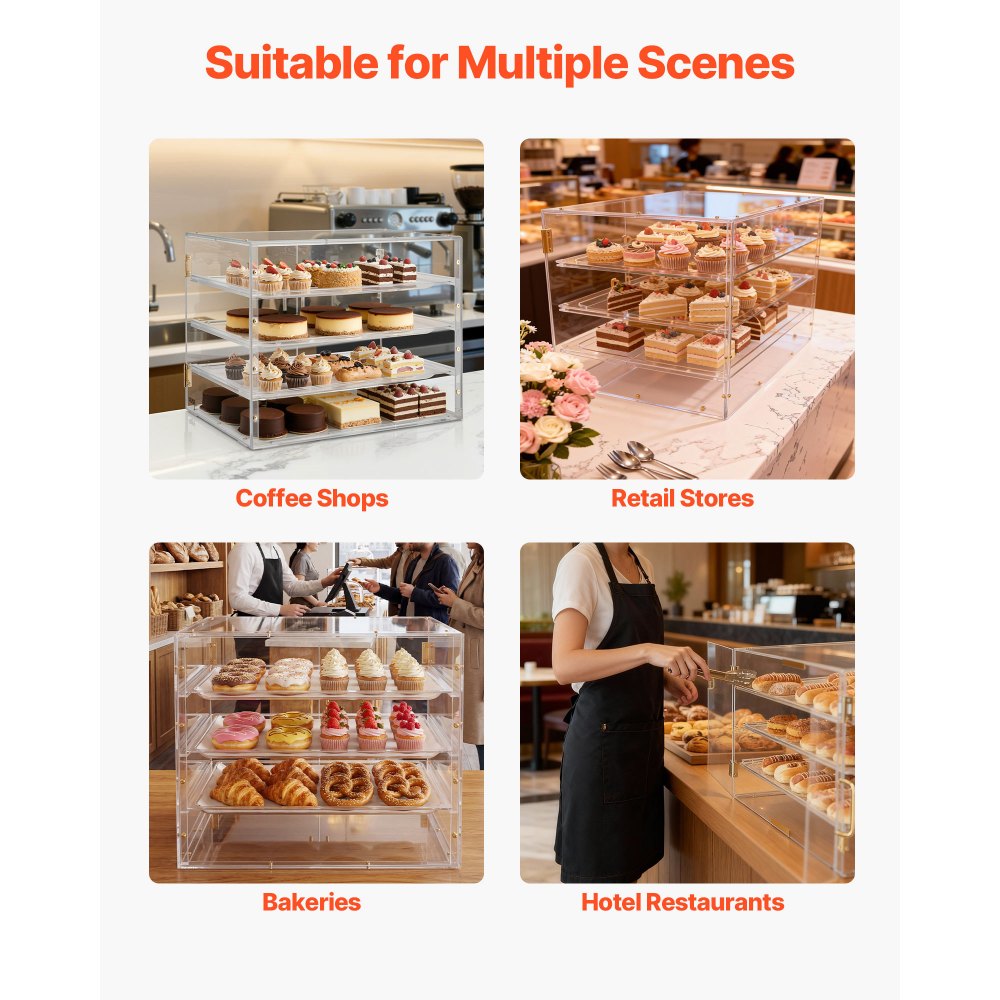 VEVOR Bakery Display Case, 4-Tier Commercial Countertop Pastry Display Case, Clear Acrylic Bread Box for Kitchen, Party Cake Cabinet with Magnetic Rear Door for Cookie Dessert Donut, 22.4"x17.3"x15.9"