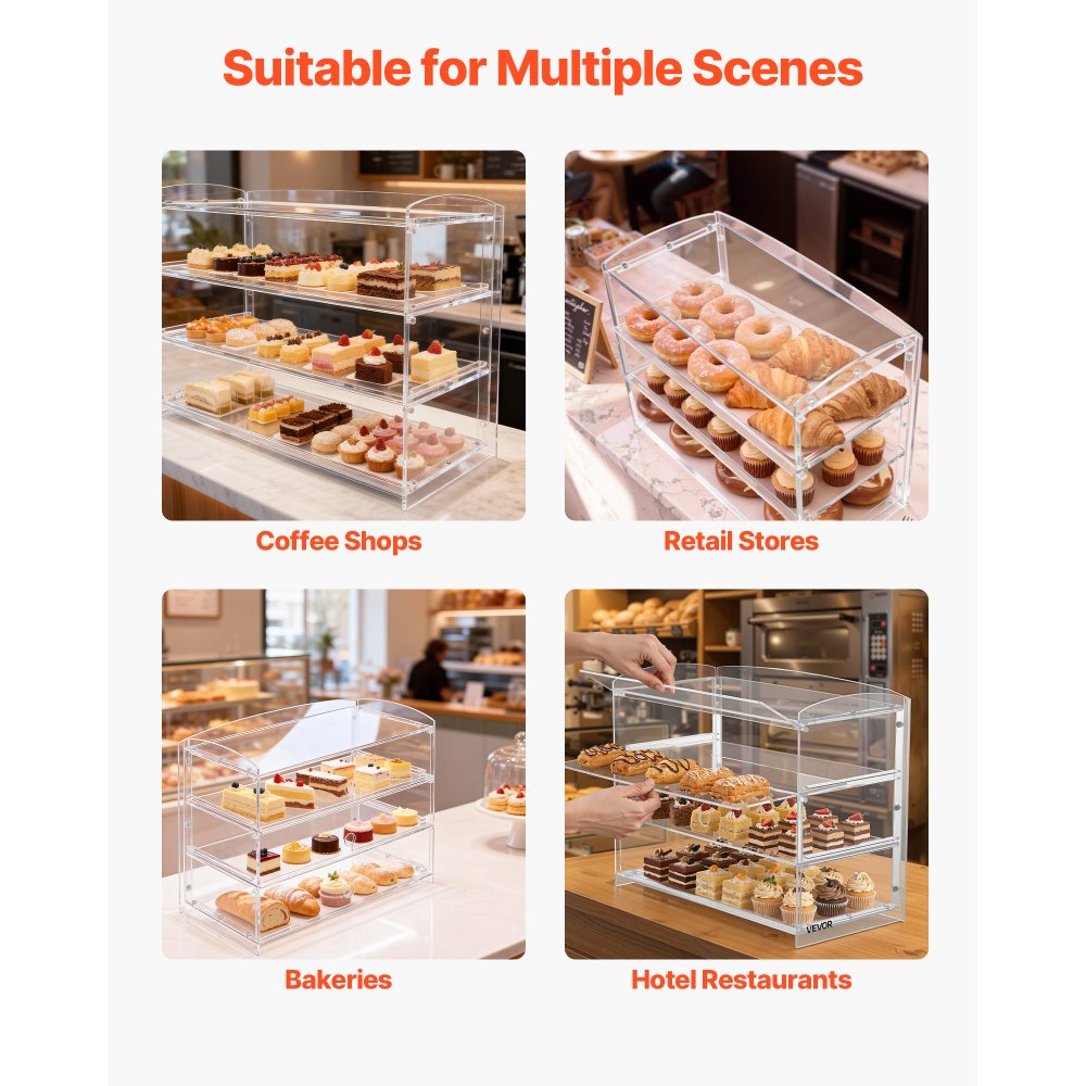 VEVOR Bakery Display Case, 3-Tier Commercial Countertop Pastry Display Case, Clear Acrylic Bread Box for Kitchen, Party Cake Cabinet with Flip-Up Door for Cookie Dessert Donut Bagel, 19" x 9.1" x 15"