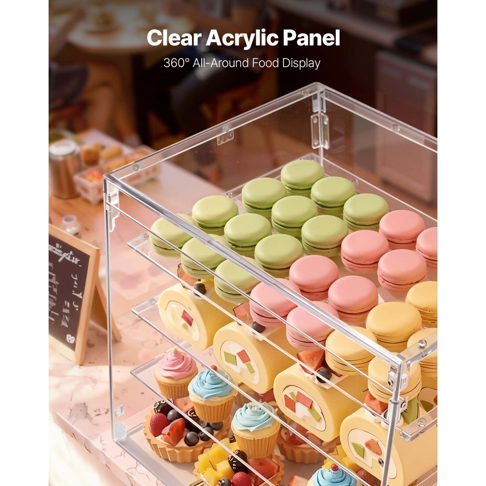 VEVOR Bakery Display Case, 4-Tier Commercial Countertop Pastry Display Case, Clear Acrylic Bread Box for Kitchen, Party Cake Cabinet with Magnetic Rear Door for Cookie Dessert Donut, 20.9"x17.1"x16.3"