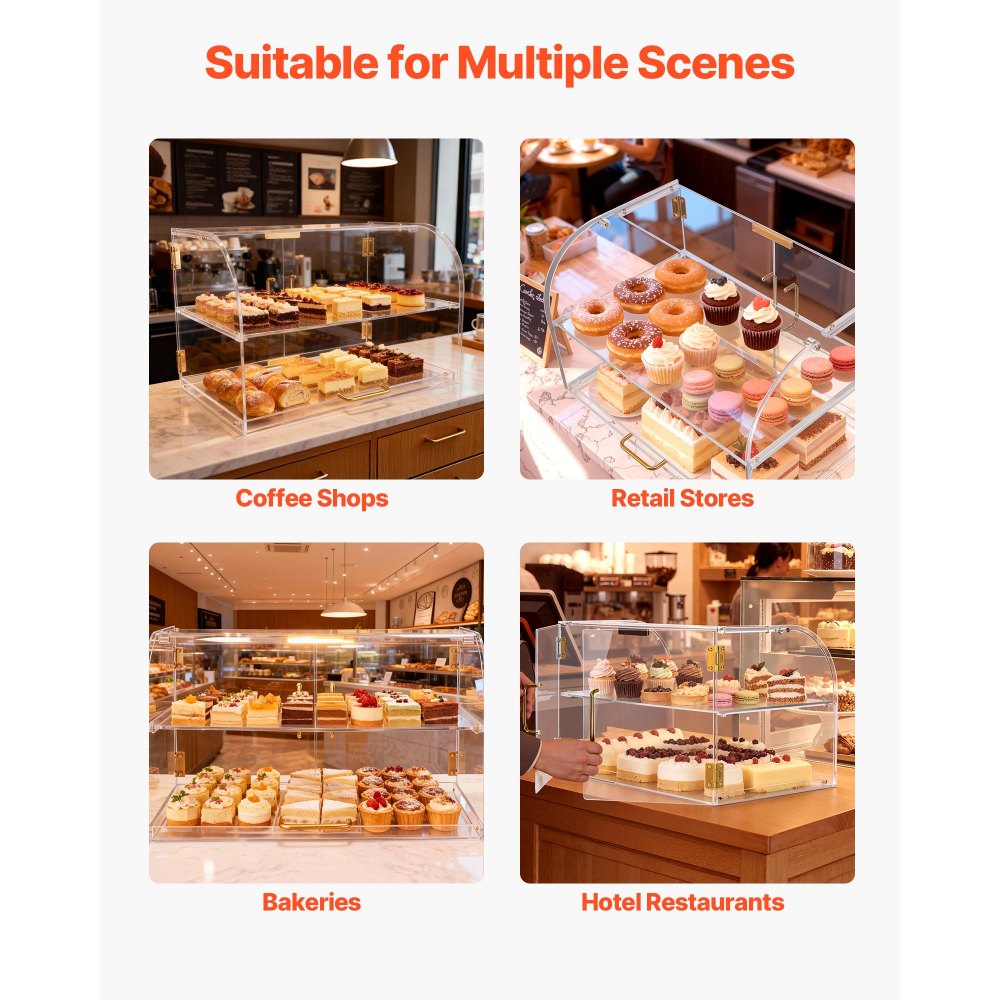 VEVOR Bakery Display Case, 2-Tier Commercial Countertop Pastry Display Case, Clear Acrylic Bread Box for Kitchen, Party Cake Cabinet with Magnetic Rear Door for Cookie Dessert Donut, 22" x 14" x 14"