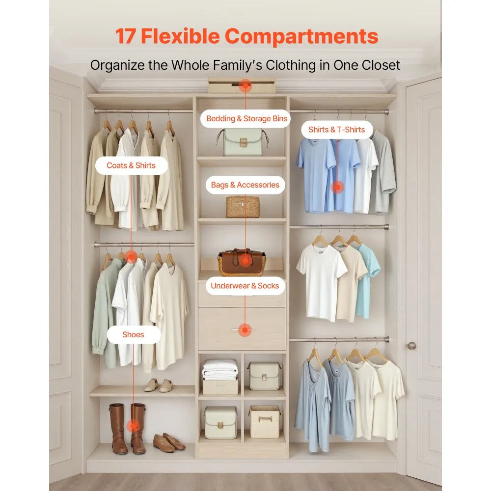 VEVOR Closet System with 2 Drawers, Adjustable Height Wooden Closet Organizers, Modern Walk-in Wardrobe Organization with 5 Retractable Clothes Hanger Rods, Freestanding Garment Rack Storage, Grey
