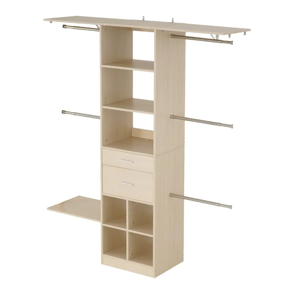 VEVOR Closet System with 2 Drawers, Adjustable Height Wooden Closet Organizers, Modern Walk-in Wardrobe Organization with 5 Retractable Clothes Hanger Rods, Freestanding Garment Rack Storage, Grey