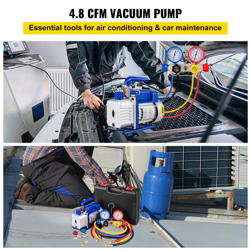 VEVOR Suction Pump 4.8CFM 1/4 HP Single Stage for HVAC A/C Cooling Systems, 5PA Ultimate Vacuum, Manifold Gauge Kit R410A R134A R22, Includes 4-Way Gauge & Hose