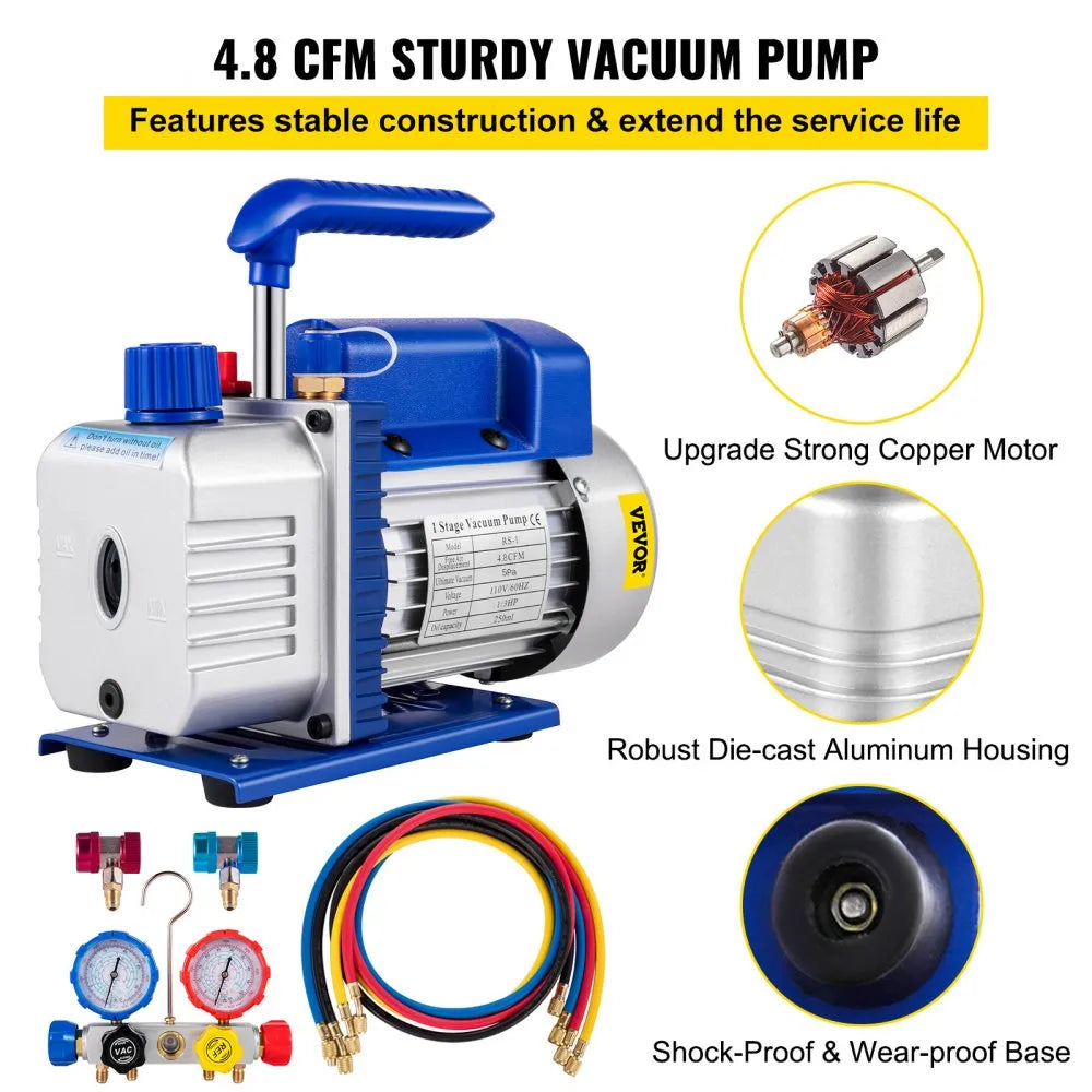 VEVOR Suction Pump 4.8CFM 1/4 HP Single Stage for HVAC A/C Cooling Systems, 5PA Ultimate Vacuum, Manifold Gauge Kit R410A R134A R22, Includes 4-Way Gauge & Hose